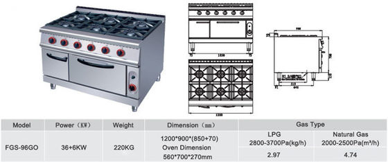 Commerciale 6 bruciatori forno a gas range stufa 220KG Capacità e tensione V LPG2800PA